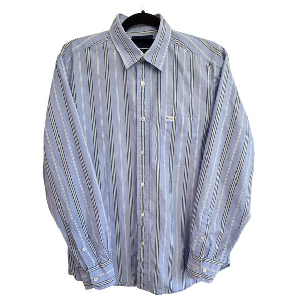 Faconnable Club Dress Shirt Men's L 100% Cotton Blue Green Stripe Preppy - Picture 2 of 9